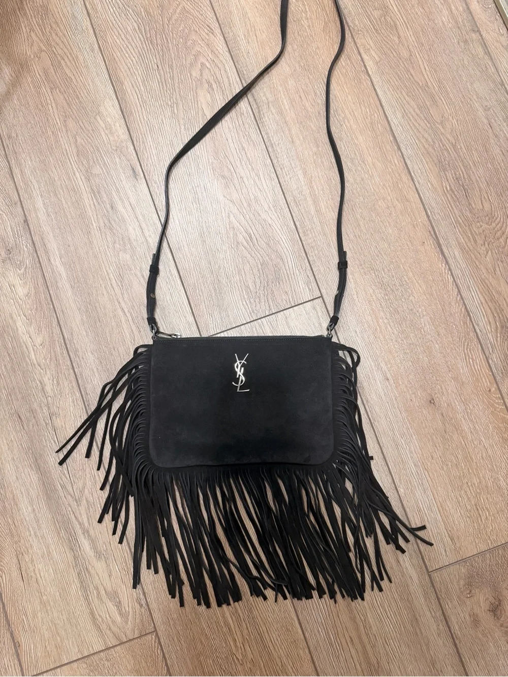 Yves Saint Laurent Black Suede Fringe Crossbody with Silver YSL Emblem - Picture 1 of 6